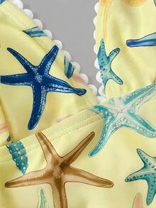 SHEIN MOD Slimming Refreshing Starfish Print Ripple Ruffle Women Swimwear Set Summer Beach Outfit Vacation Bikini Bathing Suits - Light Yellow - View 5