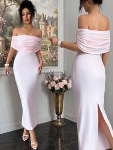 Xyvia 露肩褶皱腰身修身优雅浪漫连衣裙 - 粉色 - 查看 3