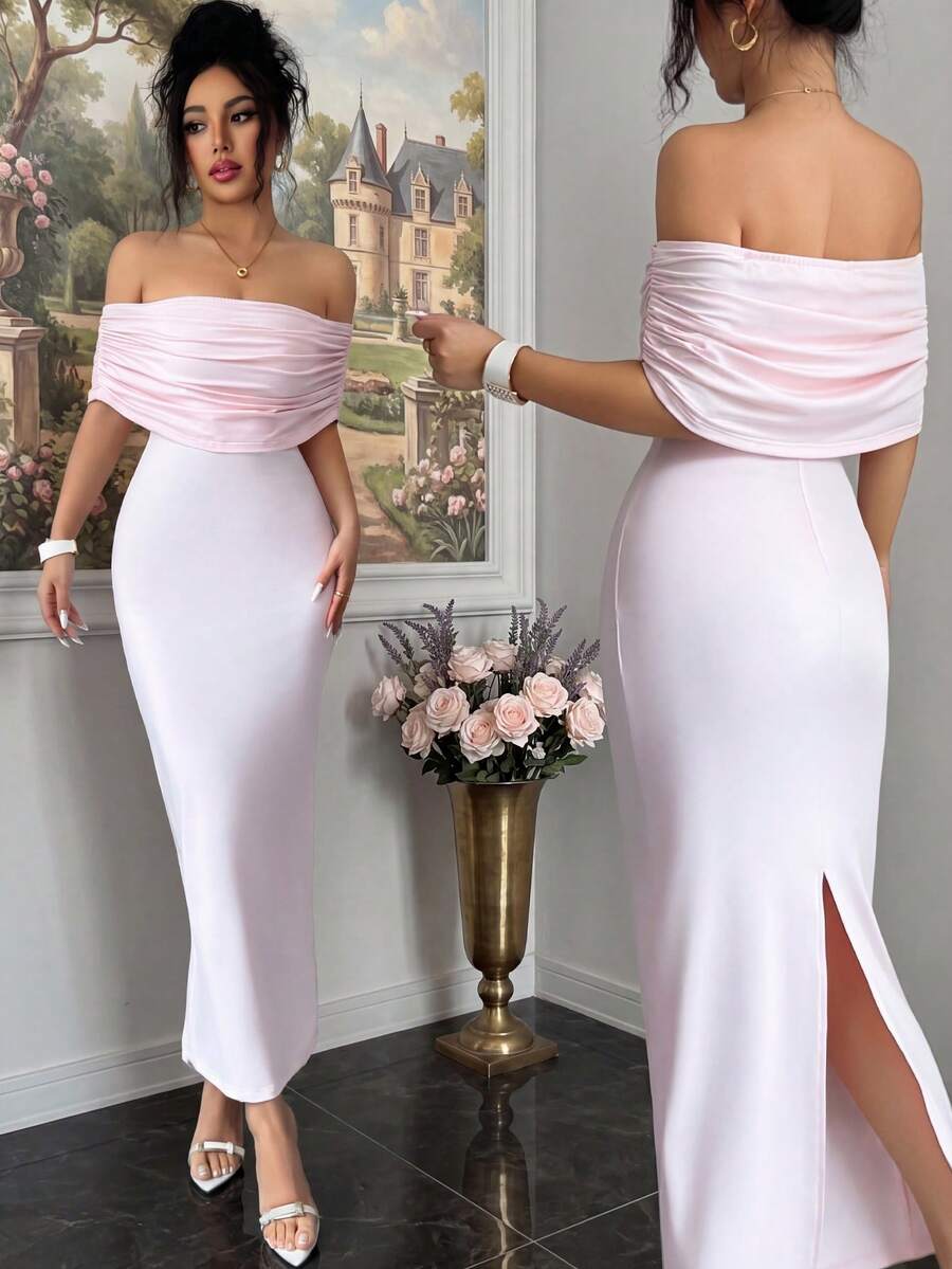 Xyvia 露肩褶皱腰身修身优雅浪漫连衣裙 - 粉色 - 查看 1