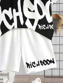 SHEIN 男童休闲简约T恤套装，经典酷炫时尚“Rich Soon”图案印花，适合春夏穿着 - 彩色 - 查看 4