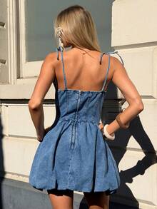 MainGRL Đầm denim buộc dây vai, khóa kéo sau lưng - Màu xanh lam - Xem 2