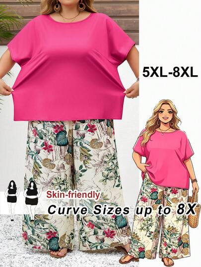 SHEIN CURVE+ 2pcs Plus Size Women Vacation Loose Shirt And Ditsy Floral Pants Set