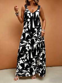 EMERY ROSE Plus Size Women Vacation Lace Trim Solid Color French Style Dress - Black and White - View 4