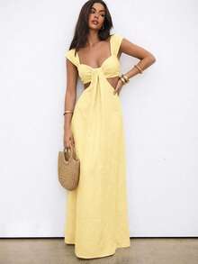 Aloruh Váy maxi phong cách bohemian thanh lịch dành cho nữ, màu be, cổ rộng, khoét lỗ. - Vàng nhạt - Xem 1