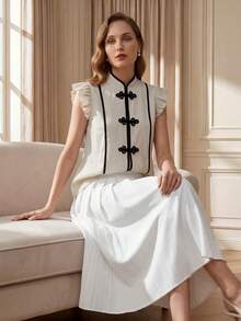 Upgrade Version Spring/Summer Women's Elegant Contrast Trim Cap Sleeve Chinese Style Button-Up Fitted Blouse - Apricot - View 7