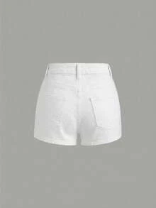 SHEIN Girlism Quần short jean denim co giãn cao, dáng ôm, màu trơn, phong cách thường ngày cho bé gái tuổi teen, trang phục mùa hè phong cách boho. - trắng - Xem 2