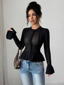 Xyvia Áo khoác cardigan dệt kim cổ tròn tay chuông tối giản gợi cảm dành cho nữ, thích hợp cho mùa xuân/hè. - màu đen - Xem 7