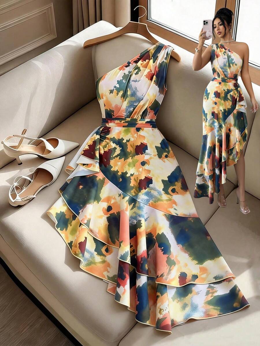 Rafferiza 女款單肩白色夏季優雅圖案熱帶風情雞尾酒洋裝，模糊染印不對稱下擺荷葉邊設計，婚禮宴會派對禮服