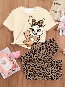 Tween Girls 2pcs White Summer Cute Home Wear Sleep Set,Leopard Bow Animal Rabbit & Bear Print Short Sleeve T-Shirt & Shorts,Comfy Casual Girly Style - Multicolor - View 3