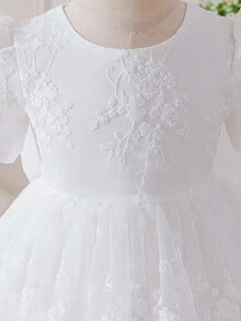 Glamorique Kids 女嬰白色花卉網紗刺繡蕾絲飾邊緞面後蝴蝶結裝飾洋裝，優雅花童婚禮夏季洗禮受洗幼童禮服 - 米色 - 查看 6