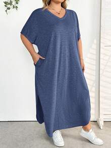 SHEIN CURVE+ 大码女装春夏新款时尚通勤休闲口袋设计分体睡袍 - 霧霾藍 - 查看 6