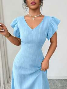 Rafferiza Women's Elegant Crinkle V-Neck Ruffle Armhole Waist Cinched Long Dress, Summer - Blue - View 5
