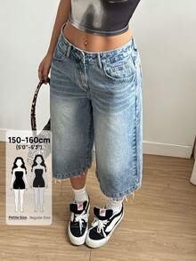 SHEIN PETITE 女士休闲日常口袋纽扣牛仔短裤 - 淺色水洗藍 - 查看 1
