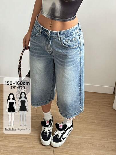 SHEIN PETITE Shorts vaqueros casuales de diario con bolsillos y botones para mujer