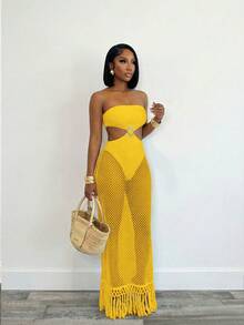 BamGleam Vestido tubo de mujer para vacaciones de verano de unicolor con parches y calado de red - Amarillo - Ver 6
