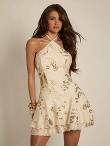 SHEIN BAE Đầm ngắn hở lưng cổ yếm phối ren đính sequin thanh lịch dành cho nữ, thích hợp cho mùa hè. - Màu be - Xem 1