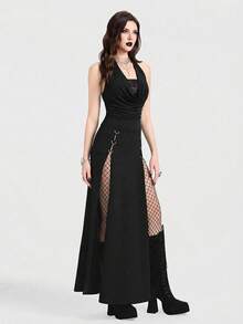 Breakform Damen Gothic Sexy drapierter Ausschnitt rückenfrei anliegendes Camisole, Damen drapierter Ausschnitt Camisole, Damen Spitze Patchwork Strickstoff drapierter Ausschnitt Camisole, Damen schwarzes drapiertes Ausschnitt Camisole - Schwarz - Übersicht 3