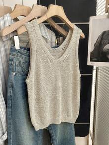 SHEIN Holidaya Neue Sommer Französisch Lässig Strickweste, einreihig, Cut Out gestrickte Textur, weiche Atmosphäre, Pendler-/Büromode Layering Design, V-Ausschnitt, neblig weiße ärmelloser Strickjacke - Aprikosenfarben - Übersicht 6