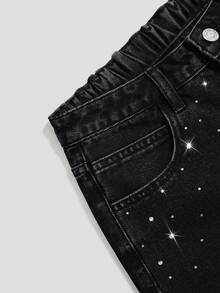 SHEIN Essnce Plus Size Women Rhinestone Decorated Washed Denim Shorts - Black - View 7