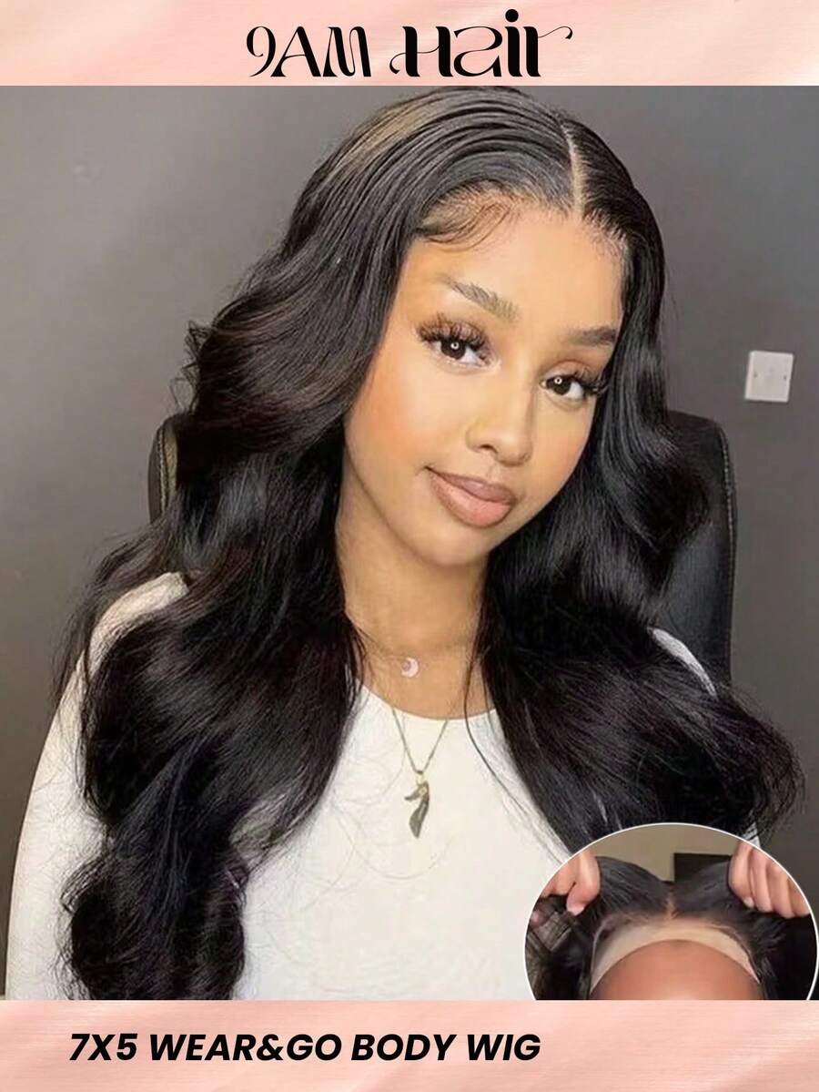 ALL READY WIG Peluca de Cierre con Ondas Corporales de 6x5 sin Pegamento, Cabello 100% Humano, Decolorada, Depilada y Cortada Previamente, Marca 9AM HAIR
