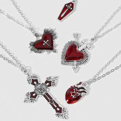 ROMWE Grunge Punk Bộ 1 dây chuyền mặt hình thánh giá Gothic, trái tim màu đào và hình quan tài, thích hợp làm quà tặng trong các bữa tiệc.