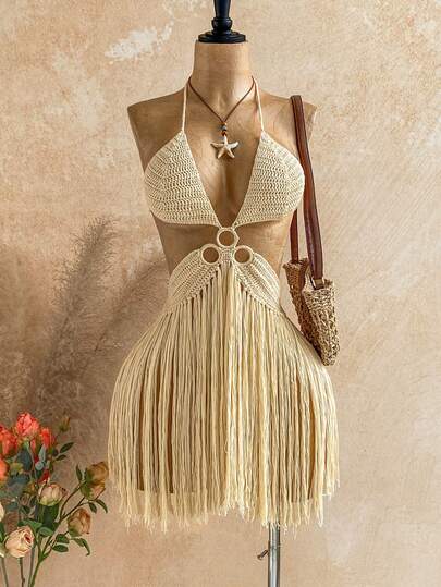 Soleia 纯色露背无袖镂空流苏针织夏季连衣裙