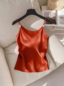 GlowEve Elegante camiseta de satén con escote en V francés delicado y decoración de perlas, adecuada como prenda de superposición para mujeres - Naranja - Ver 5