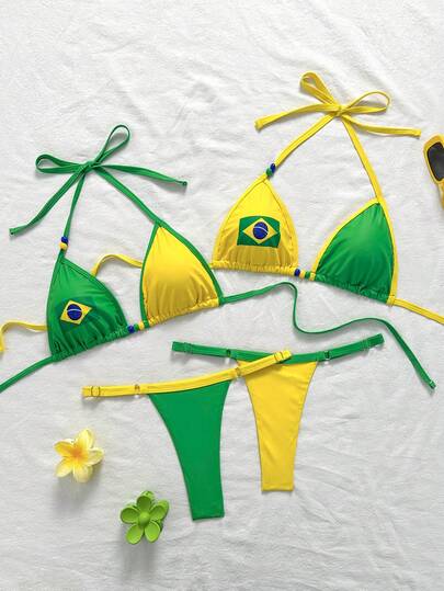 Swim Vcay (4 Pack)New Spring/Summer National Flag Print Contrast Color Striped Women's Bikini Set, Bikini Sets Brazilian, Bikinis Set For Women
