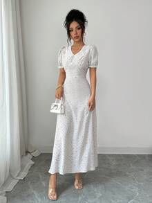 Modelyn 法式碎花花瓣袖收腰修身连衣裙 - 紫色 - 查看 6