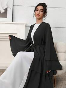 Al Najma 女士优雅纯色喇叭袖阿拉伯长袍 - 黑色 - 查看 1