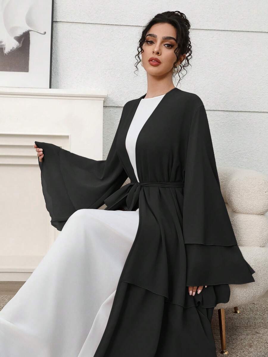 Al Najma 女士优雅纯色喇叭袖阿拉伯长袍 - 黑色 - 查看 1