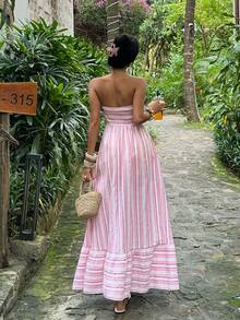 Sunnyshic Đầm quây không dây cho nữ, kẻ sọc, thích hợp cho kỳ nghỉ, mùa xuân/hè. - Nhiều màu - Xem 2