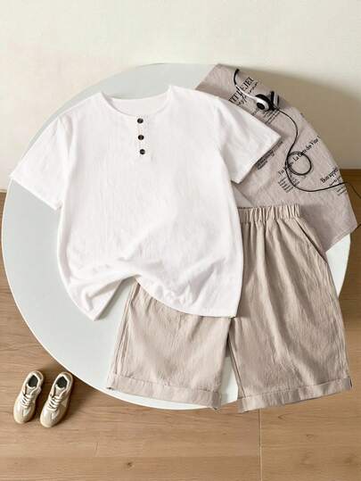 Vacaura Bộ 2 món gồm áo sơ mi cài khuy nửa thân và quần short kẻ sọc chất liệu vải dệt họa tiết, thoải mái cho nam thiếu niên, mặc hàng ngày, đi làm và đi nghỉ mát.