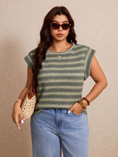 Elaquor Plus Size Casual Striped Round Neck T-Shirt