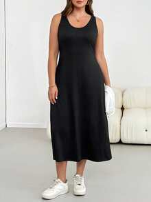 Shapeblank 大码女装春夏时尚休闲宽松弹力舒适日常百搭显瘦黑色背心中长连衣裙和白色薄纱短袖罩衫两件套，夏季服装，度假装 - 黑與白 - 查看 5