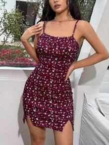 SHEIN Unity Ditsy Floral Ruffled Strap Women's Fashion Split Hem Dress For New Year Clothes - Multicolor - View 3