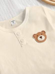 Young BoyCute Bear Pattern Embroidered Collar Open Front Loungewear Set Sleeping Military Green Summer Cute - Apricot - View 4