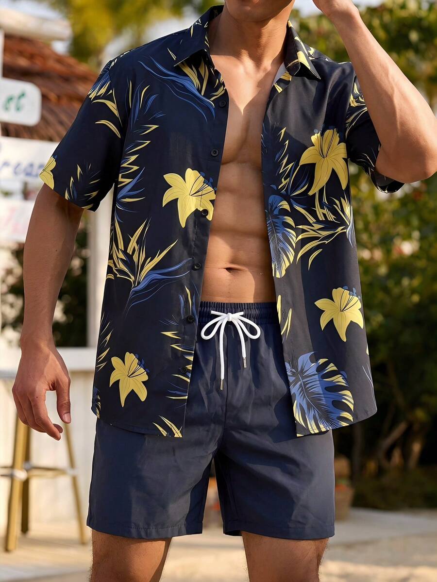 Oro Vacation 男士海軍藍花卉熱帶植物印花短袖襯衫與短褲兩件套,夏季波西米亞海灘度假夏威夷泳裝套裝 - 彩色 - 查看 1