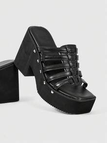 ROMWE Grunge Punk Giày sandal cao gót nữ ~ Sandal cao gót trong suốt có đế chống thấm nước, thích hợp cho mùa xuân hè 2026, kiểu mũi vuông, hở mũi, thanh lịch, giày mùa hè. - màu đen - Xem 5