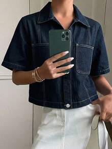 Livesso Áo khoác denim nữ mùa hè kiểu dáng thường ngày có túi và cài nút phía trước - Màu xanh lam - Xem 3