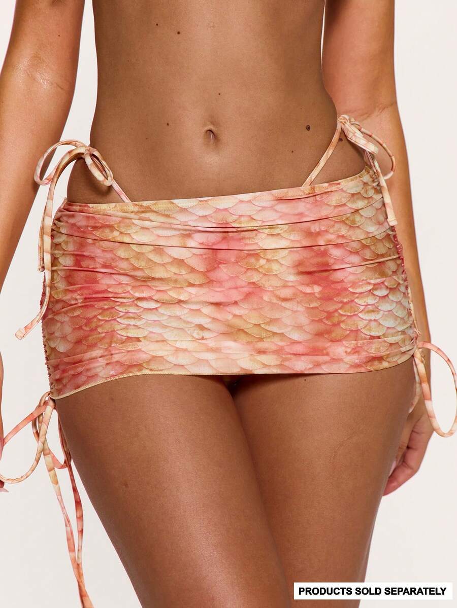 MUSERA Áo khoác bikini in họa tiết vảy cá, xếp ly, buộc dây bên hông, kiểu mini skirt, chỉ có quần bơi, thích hợp đi biển, bơi lội, gợi cảm, dễ thương, đi chơi, nghỉ lễ, mùa hè, màu xanh đậm. - Nhiều màu - Xem 1