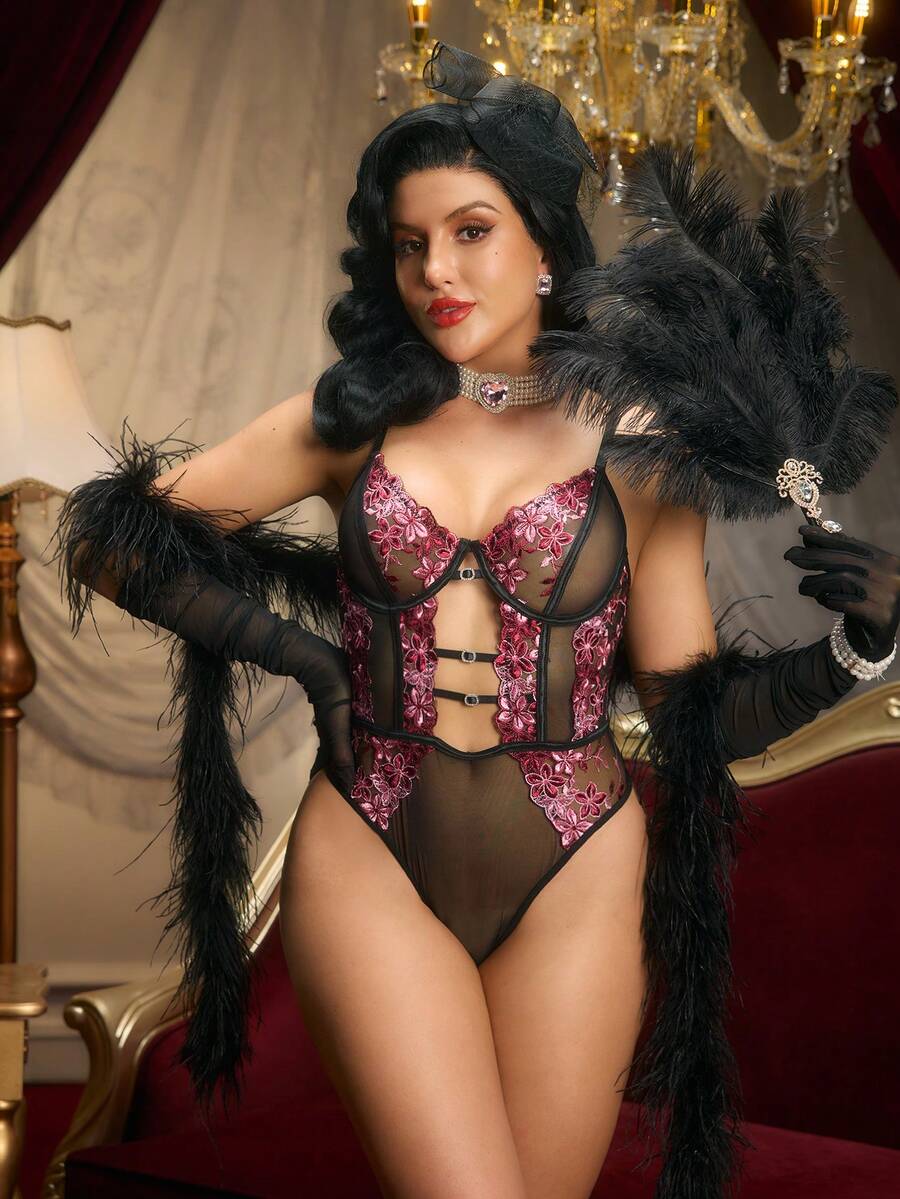 1件装女士性感花卉刺绣网纱连体衣 - 彩色 - 查看 1