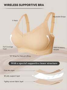Plus Size Wireless Lace Bra With Lift And Side Support, Adjustable Shoulder Straps, Comfortable Daily Wear, Minimalist Design Wedding. - Apricot - View 8