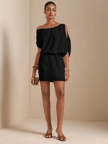 Vesra Vestido mini casual de fiesta de mujer de unicolor con hombro asimétrico fruncido - Negro - Ver 4