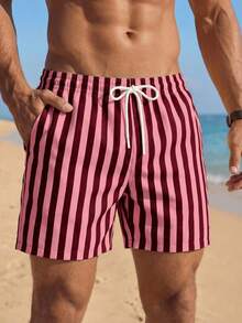 SHEIN (Exceto para bebês e crianças) Shorts de praia listrados masculinos, ideais para férias, encontros e viagens à ilha. - Multicolorido - Ver 6