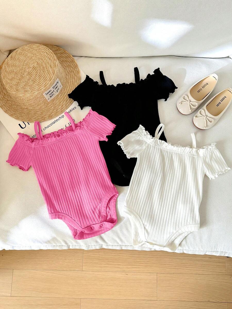 SHEIN LMoss Kids 3件套新生女宝宝休闲可爱简约纯色露肩短袖连体衣 - 彩色 - 查看 1