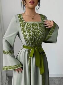 Yasmyna Women's Elegant Square Collar Flare Sleeve Cinched Waist Vintage Dress - Multicolor - View 4
