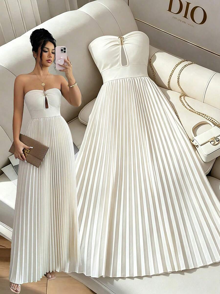 Elenzga Vestido elegante sin tirantes de unicolor con diseño de metal y dobladillo plisado para mujer - Albaricoque - View 1