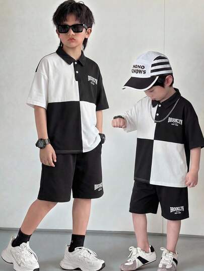 1pc Tween Boy Loose Fit Korean Style Patchwork Polo Shirt, Collared Short Sleeve, Solid Color, Suitable For Commuting, School, Casual, Travel, Sports, Spring/Summer