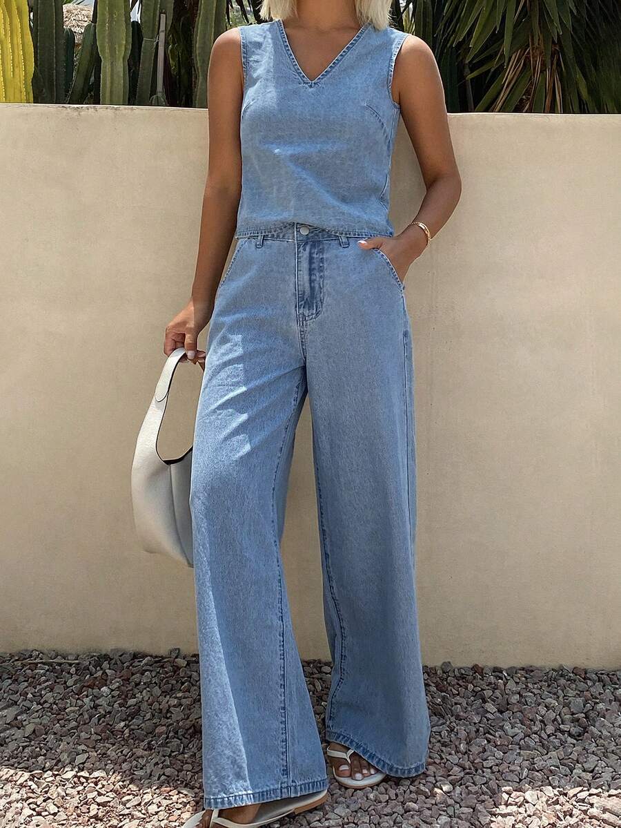 Livesso Bộ đồ denim thường ngày dành cho nữ: Áo không tay cổ chữ V và quần jeans ống rộng. - Rửa nhẹ - Xem 1